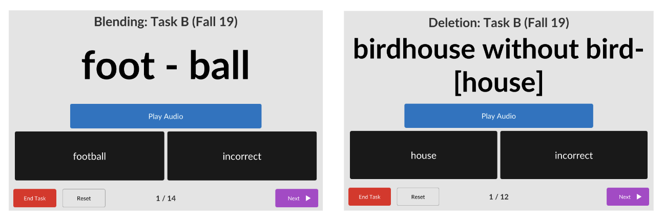 iPad screenshots of a blending task and deletion task in a literacy screener.